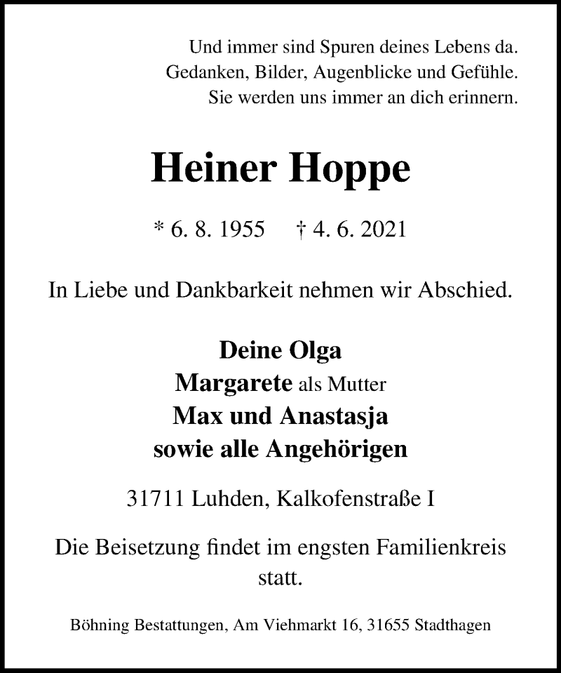  Traueranzeige für Heiner Hoppe vom 12.06.2021 aus Schaumburger Nachrichten