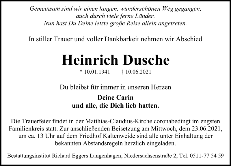  Traueranzeige für Heinrich Dusche vom 19.06.2021 aus Hannoversche Allgemeine Zeitung/Neue Presse