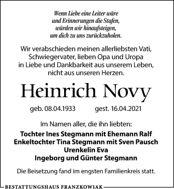 Traueranzeige von Heinrich Novy von Leipziger Volkszeitung