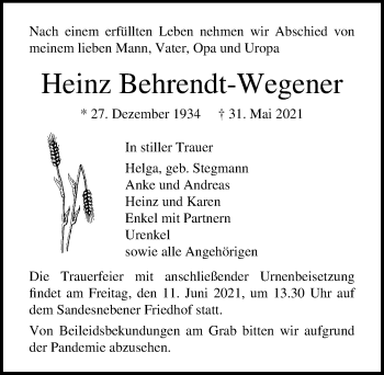 Traueranzeige von Heinz Behrendt-Wegener von Lübecker Nachrichten