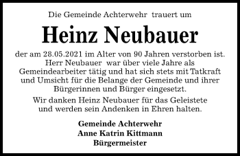 Traueranzeige von Heinz Neubauer von Kieler Nachrichten