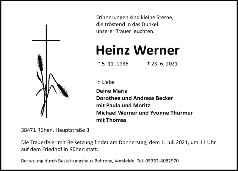  Traueranzeige für Heinz Werner vom 26.06.2021 aus Aller Zeitung