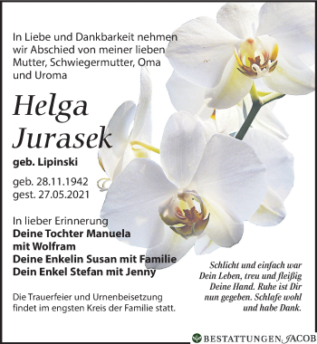 Traueranzeige von Helga Jurasek von Leipziger Volkszeitung