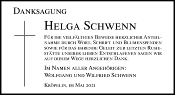 Traueranzeige von Helga Schwenn von Ostsee-Zeitung GmbH