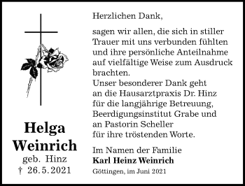 Traueranzeige von Helga Weinrich von Göttinger Tageblatt