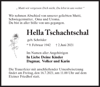 Traueranzeige von Hella Tschachtschal von Märkischen Allgemeine Zeitung