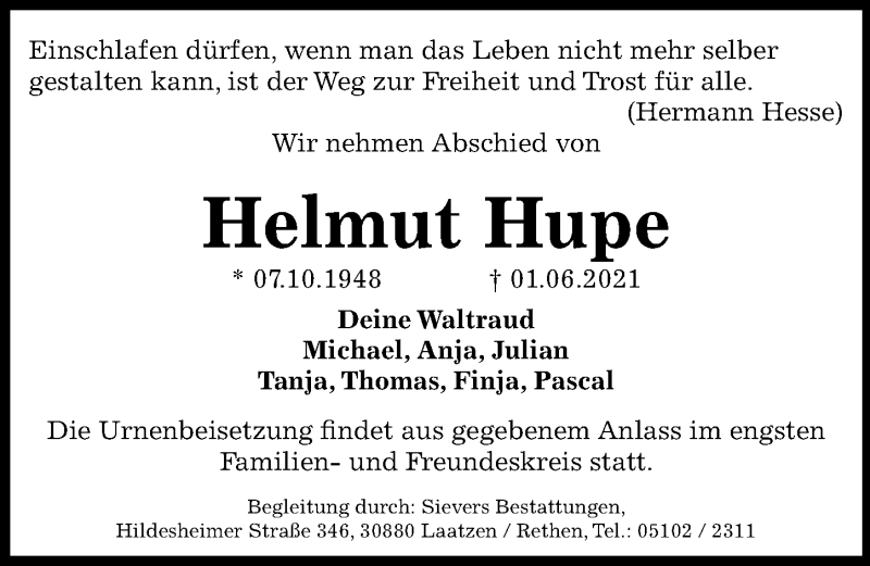  Traueranzeige für Helmut Hupe vom 05.06.2021 aus Hannoversche Allgemeine Zeitung/Neue Presse