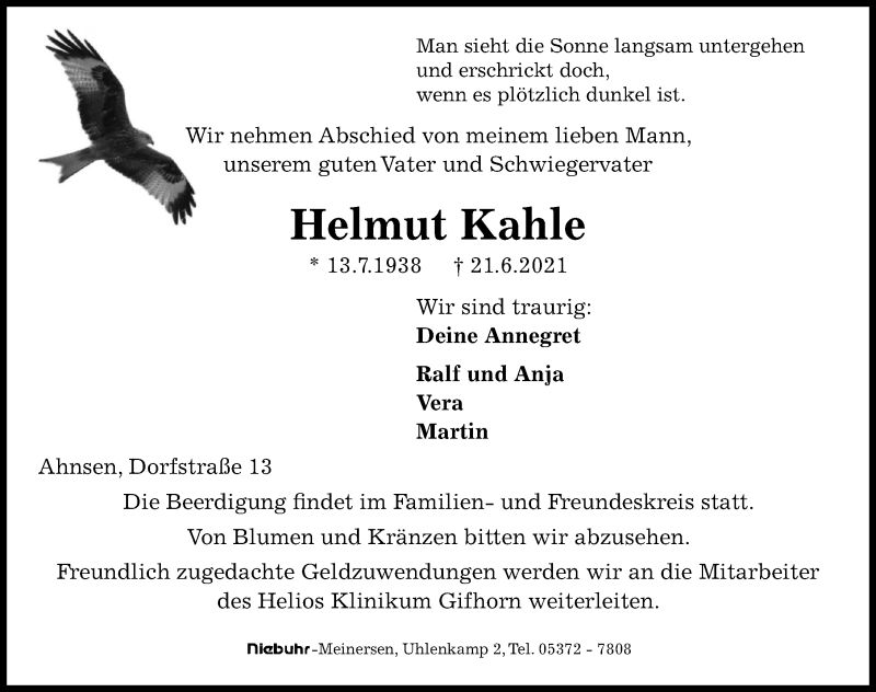  Traueranzeige für Helmut Kahle vom 24.06.2021 aus Aller Zeitung