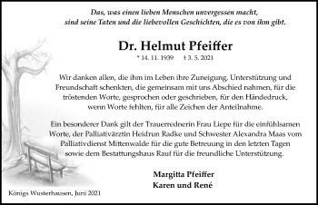 Traueranzeige von Helmut Pfeiffer von Märkischen Allgemeine Zeitung