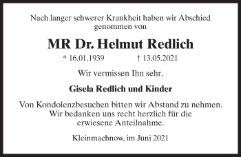 Traueranzeige von Helmut Redlich von Märkischen Allgemeine Zeitung