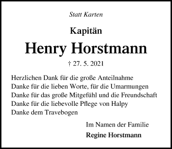 Traueranzeige von Henry Horstmann von Lübecker Nachrichten
