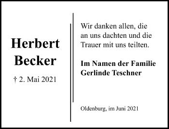 Traueranzeige von Herbert Becker von Lübecker Nachrichten