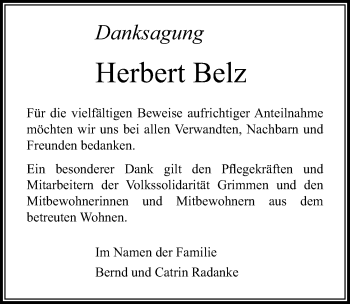 Traueranzeige von Herbert Belz von Ostsee-Zeitung GmbH