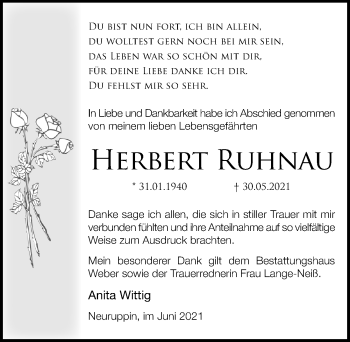Traueranzeige von Herbert Ruhnau von Märkischen Allgemeine Zeitung