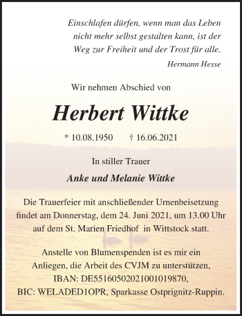 Traueranzeige von Herbert Wittke von Märkischen Allgemeine Zeitung