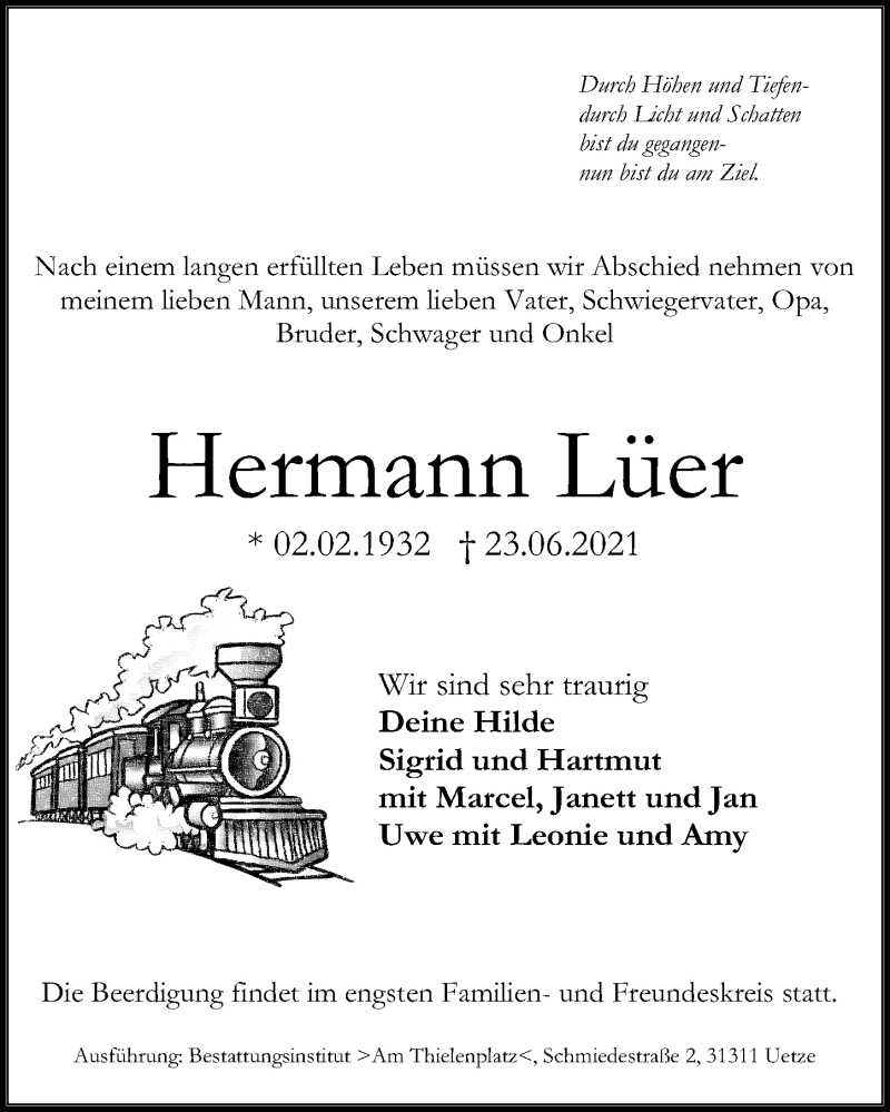  Traueranzeige für Hermann Lüer vom 26.06.2021 aus Peiner Allgemeine Zeitung