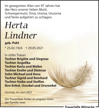 Traueranzeige von Herta Lindner von Leipziger Volkszeitung
