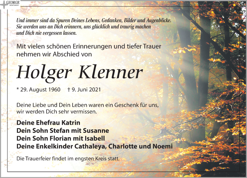  Traueranzeige für Holger Klenner vom 19.06.2021 aus Leipziger Volkszeitung