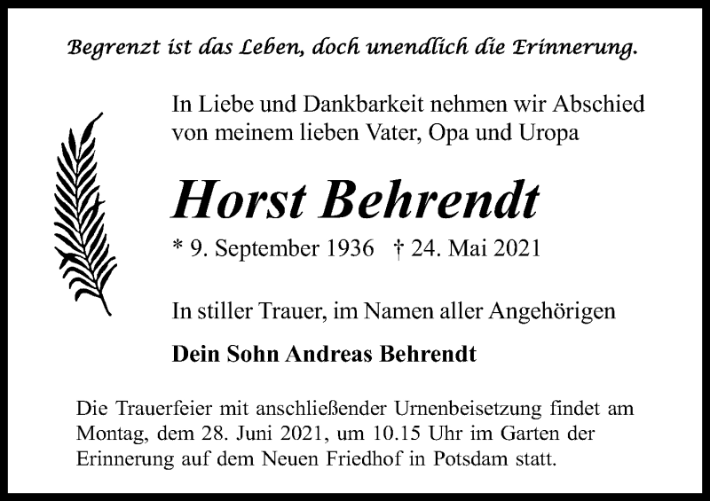 Traueranzeigen von Horst Behrendt | trauer-anzeigen.de