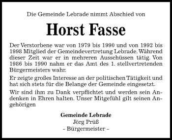 Traueranzeige von Horst Fasse von Kieler Nachrichten