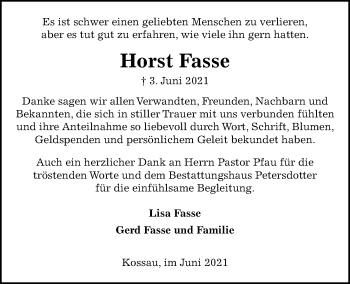 Traueranzeige von Horst Fasse von Kieler Nachrichten