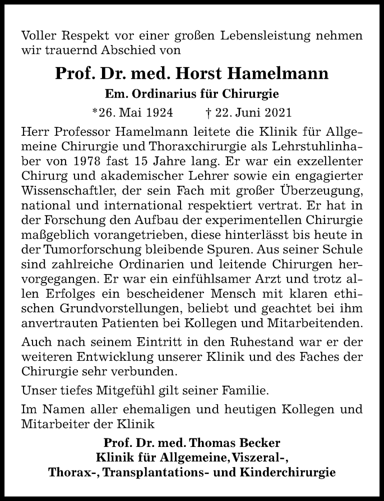  Traueranzeige für Horst Hamelmann vom 26.06.2021 aus Kieler Nachrichten