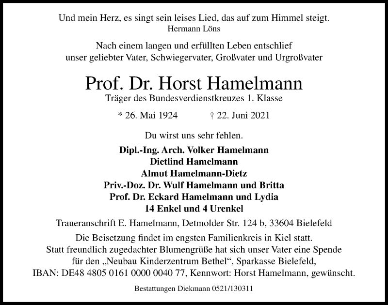  Traueranzeige für Horst Hamelmann vom 26.06.2021 aus Kieler Nachrichten