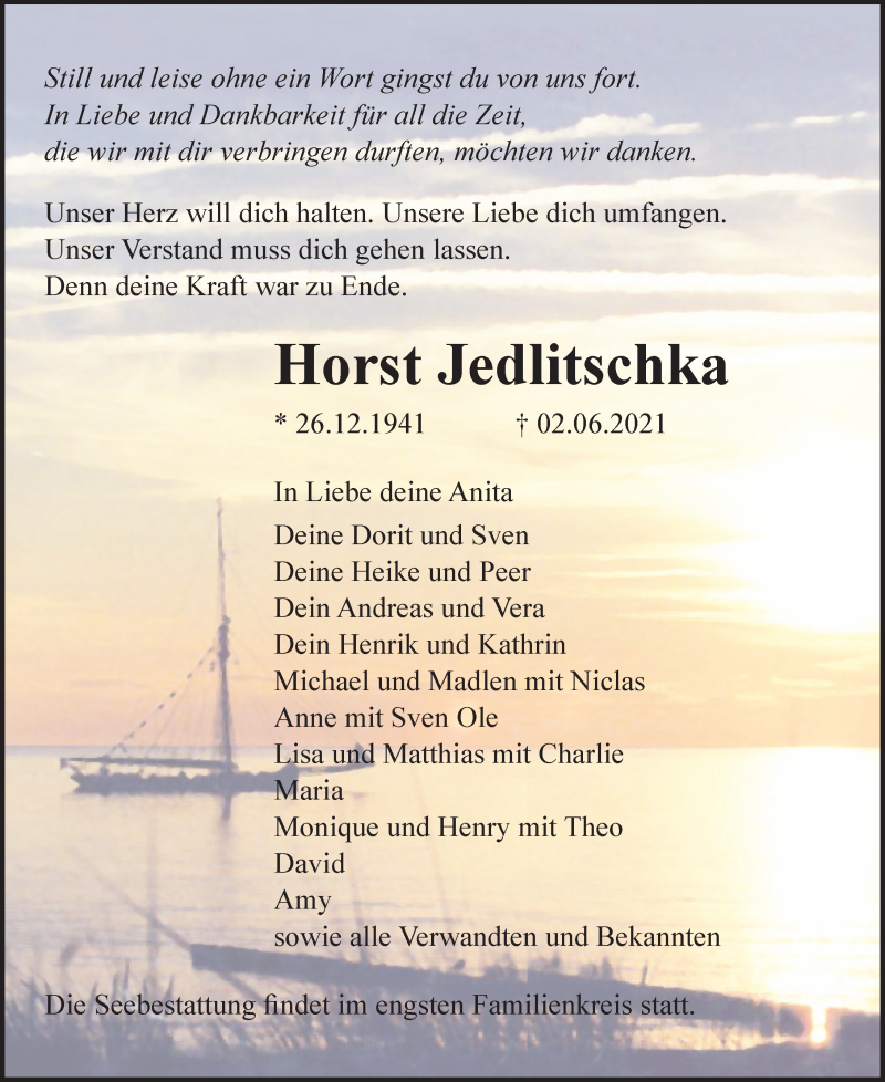  Traueranzeige für Horst Jedlitschka vom 05.06.2021 aus Ostsee-Zeitung GmbH