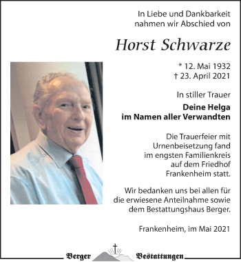 Traueranzeige von Horst Schwarze von Leipziger Volkszeitung