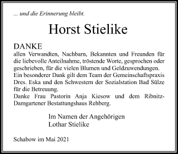 Traueranzeige von Horst Stielike von Ostsee-Zeitung GmbH