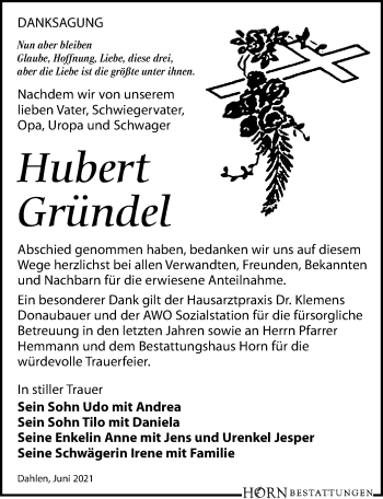 Traueranzeige von Hubert Gründel von Leipziger Volkszeitung