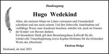 Traueranzeige von Hugo Wedekind von Ostsee-Zeitung GmbH