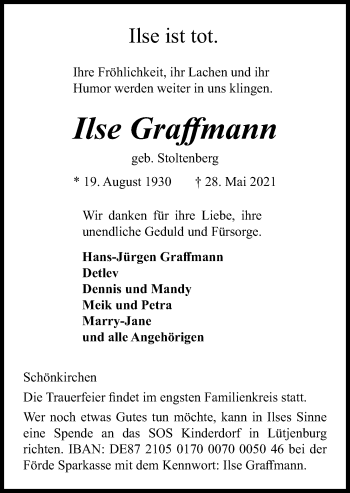 Traueranzeige von Ilse Graffmann von Kieler Nachrichten