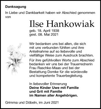 Traueranzeige von Ilse Hankowiak von Leipziger Volkszeitung