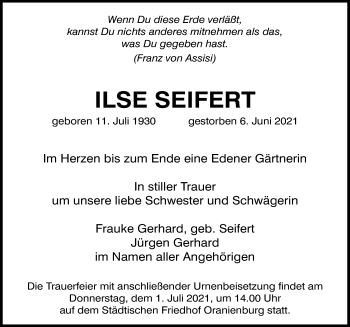 Traueranzeige von Ilse Seifert von Märkischen Allgemeine Zeitung