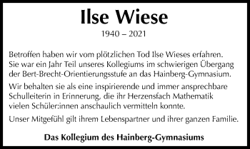 Traueranzeige von Ilse Wiese von Göttinger Tageblatt