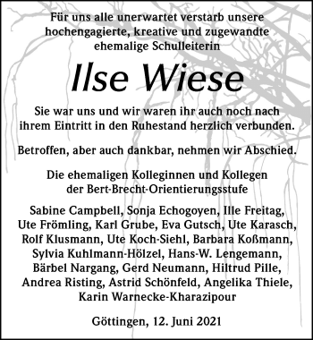 Traueranzeige von Ilse Wiese von Göttinger Tageblatt