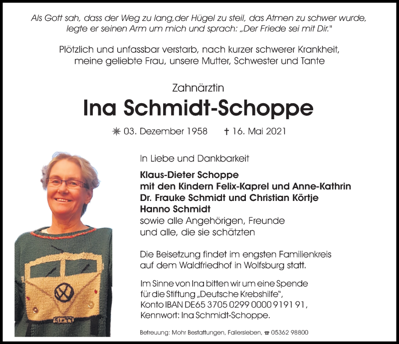  Traueranzeige für Ina Schmidt-Schoppe vom 05.06.2021 aus Aller Zeitung