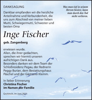 Traueranzeige von Inge Fischer von Leipziger Volkszeitung