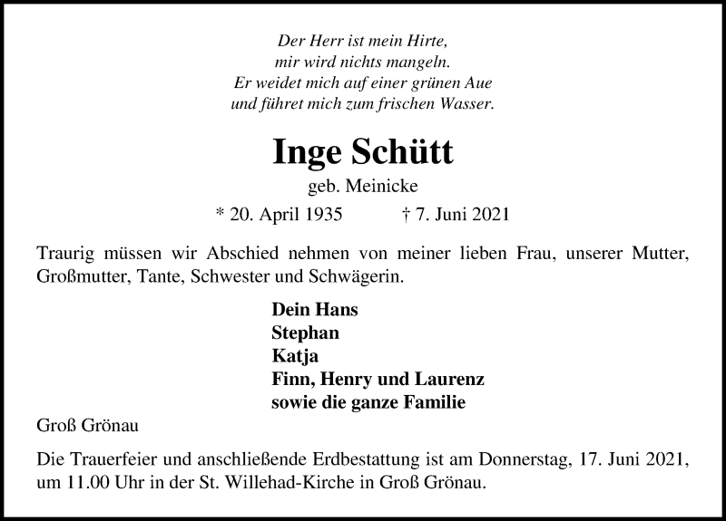  Traueranzeige für Inge Schütt vom 13.06.2021 aus Lübecker Nachrichten