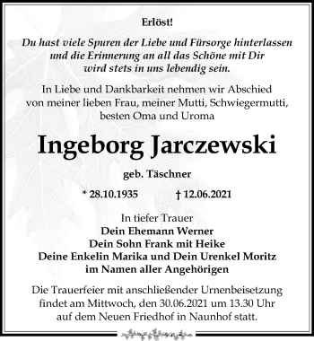 Traueranzeige von Ingeborg Jarczewski von Leipziger Volkszeitung