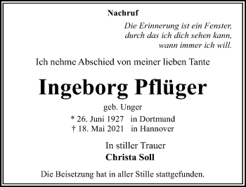 Traueranzeige von Ingeborg Pflüger von Hannoversche Allgemeine Zeitung/Neue Presse