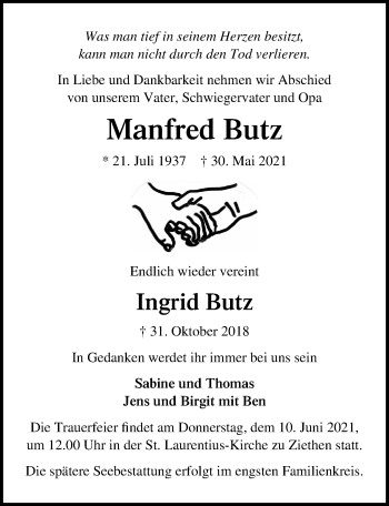 Traueranzeige von Ingrid Butz von Lübecker Nachrichten