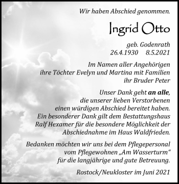 Traueranzeige von Ingrid Otto von Ostsee-Zeitung GmbH