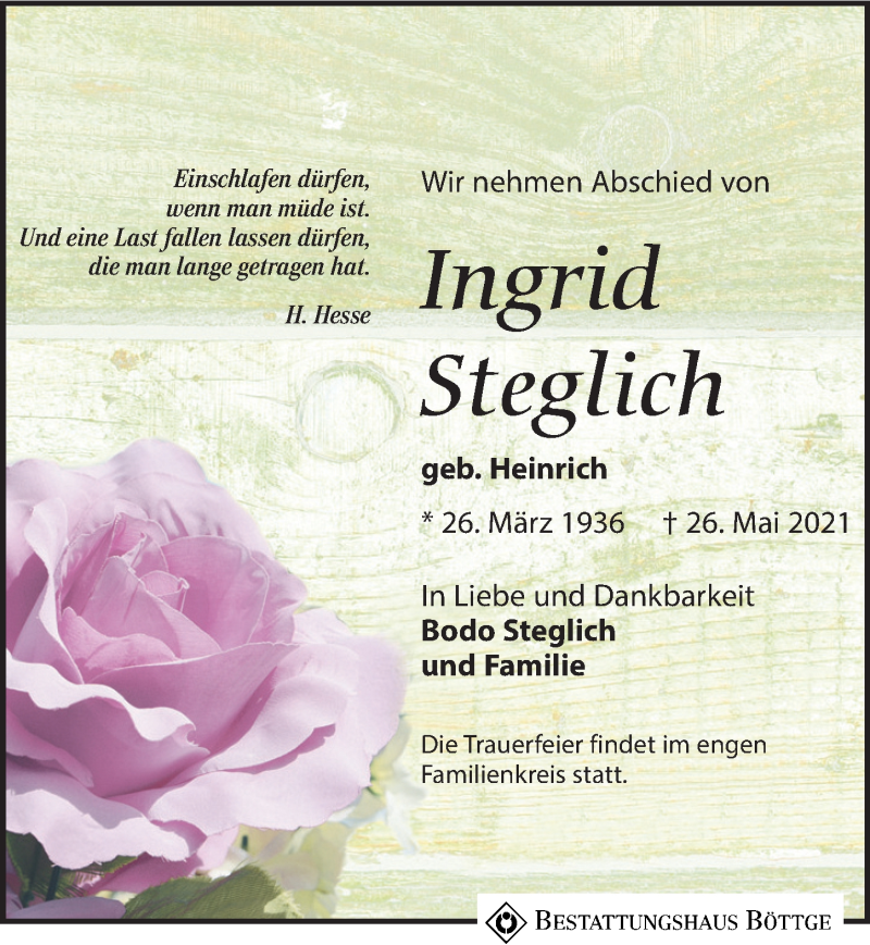  Traueranzeige für Ingrid Steglich vom 12.06.2021 aus Leipziger Volkszeitung