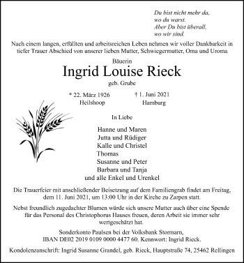 Traueranzeige von Ingrid Louise Rieck von Lübecker Nachrichten