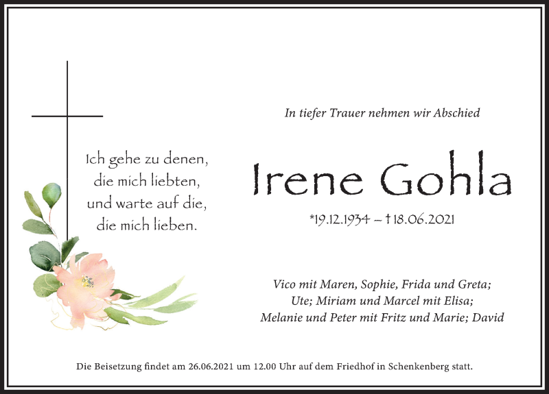  Traueranzeige für Irene Gohla vom 25.06.2021 aus Leipziger Volkszeitung