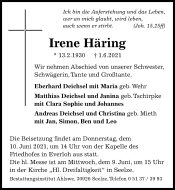 Traueranzeige von Irene Häring von Hannoversche Allgemeine Zeitung/Neue Presse