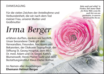 Traueranzeige von Irma Berger von Leipziger Volkszeitung