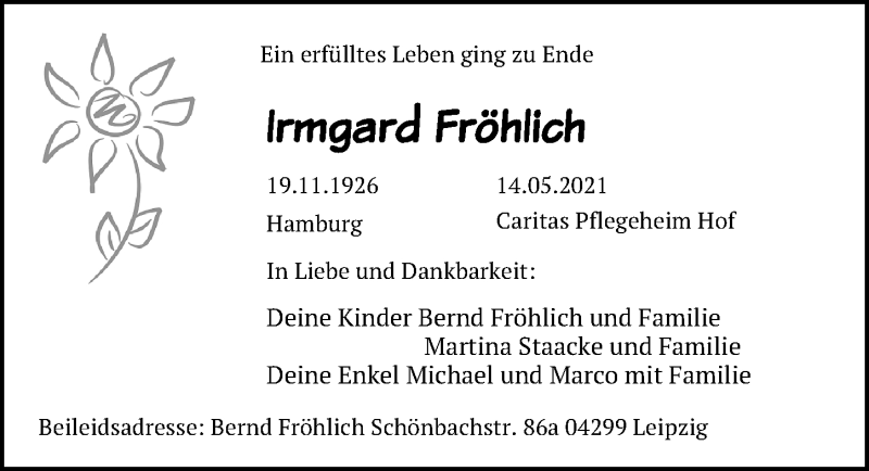  Traueranzeige für Irmgard Fröhlich vom 12.06.2021 aus Leipziger Volkszeitung